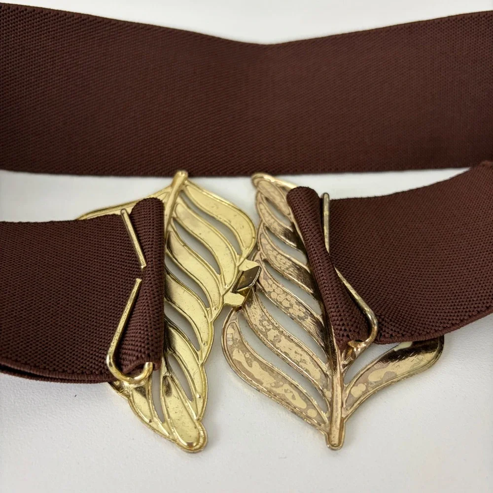 Vintage Brown Elastic Cinch Belt Gold Leaf Enamel Buckle Retro Waist Belt Sz M